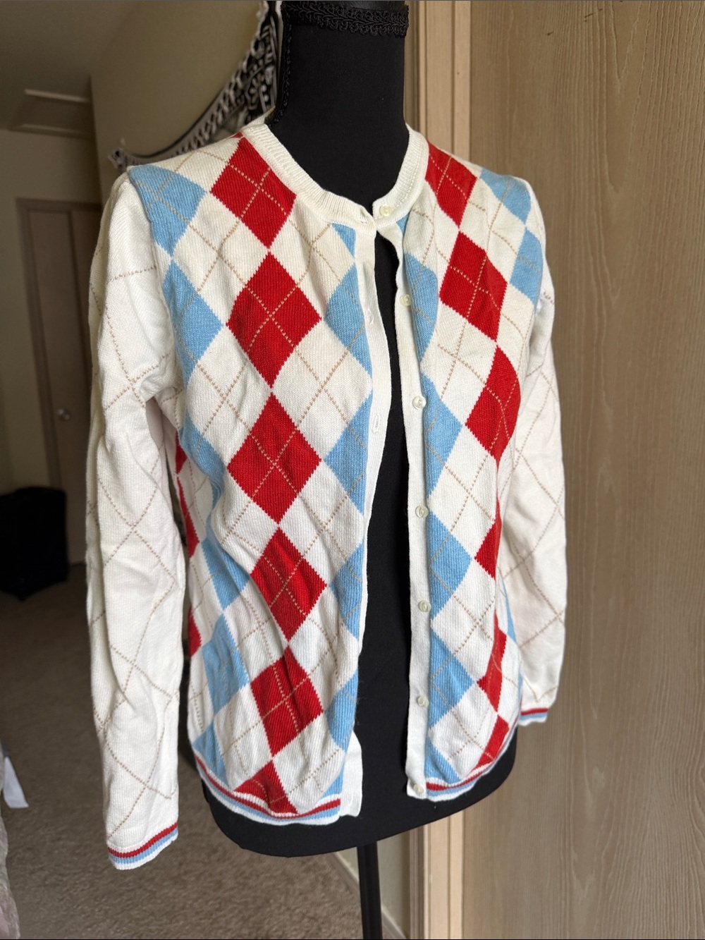 Women’s Argyle Cardigan Jacket - White with Red & Light Blue